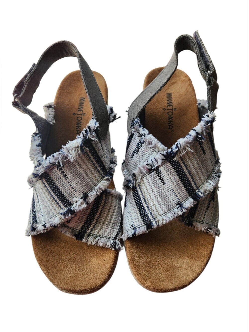 Minnetonka Women's Posey Wedge Sandals Size 8 Blue/Black/Gray Frayed Crisscross
